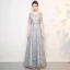 Sparkly Grey Evening Dresses  2017 A-Line / Princess Scoop Neck 1/2 Sleeves Rhinestone Bow Sash Floor-Length / Long Backless Formal Dresses