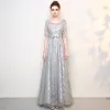 Sparkly Grey Evening Dresses  2017 A-Line / Princess Scoop Neck 1/2 Sleeves Rhinestone Bow Sash Floor-Length / Long Backless Formal Dresses