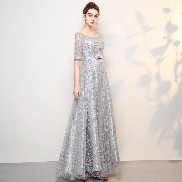 Sparkly Grey Evening Dresses 2017 A-Line / Princess Scoop Neck 1/2 Sleeves Rhinestone Bow Sash Floor-Length / Long Backless Formal Dresses
