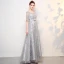 Sparkly Grey Evening Dresses  2017 A-Line / Princess Scoop Neck 1/2 Sleeves Rhinestone Bow Sash Floor-Length / Long Backless Formal Dresses