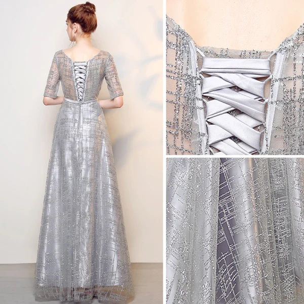 Sparkly Grey Evening Dresses 2017 A-Line / Princess Scoop Neck 1/2 Sleeves Rhinestone Bow Sash Floor-Length / Long Backless Formal Dresses