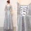 Sparkly Grey Evening Dresses  2017 A-Line / Princess Scoop Neck 1/2 Sleeves Rhinestone Bow Sash Floor-Length / Long Backless Formal Dresses