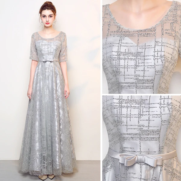 Sparkly Grey Evening Dresses 2017 A-Line / Princess Scoop Neck 1/2 Sleeves Rhinestone Bow Sash Floor-Length / Long Backless Formal Dresses