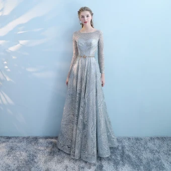 Sparkly Grey Pierced Evening Dresses 2018 Empire Scoop Neck Long Sleeve Metal Sash Glitter Tulle Floor Length Long Ruffle Backless Formal Dresses