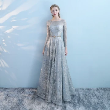 Sparkly Grey Pierced Evening Dresses 2018 Empire Scoop Neck Long Sleeve Metal Sash Glitter Tulle Floor Length Long Ruffle Backless Formal Dresses