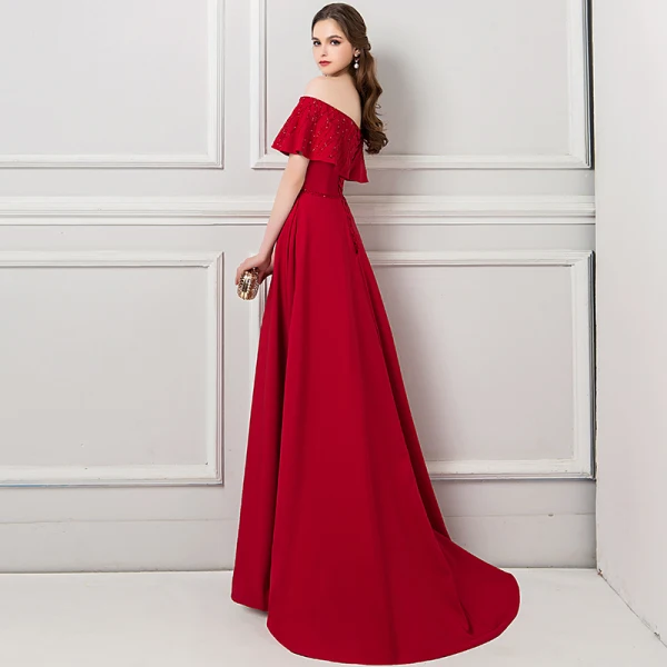Modern / Fashion Burgundy Evening Dresses 2018 A-Line / Princess Off-The-Shoulder Short Sleeve Beading Sash Sweep Train Ruffle Backless Formal Dresses