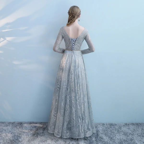Sparkly Grey Pierced Evening Dresses 2018 Empire Scoop Neck Long Sleeve Metal Sash Glitter Tulle Floor-Length / Long Ruffle Backless Formal Dresses