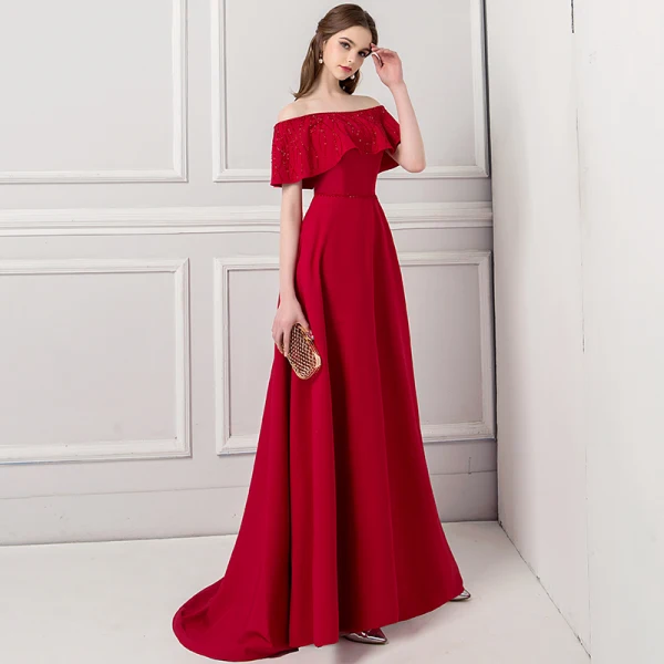 Modern / Fashion Burgundy Evening Dresses 2018 A-Line / Princess Off-The-Shoulder Short Sleeve Beading Sash Sweep Train Ruffle Backless Formal Dresses