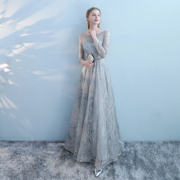 Sparkly Grey Pierced Evening Dresses 2018 Empire Scoop Neck Long Sleeve Metal Sash Glitter Tulle Floor-Length / Long Ruffle Backless Formal Dresses