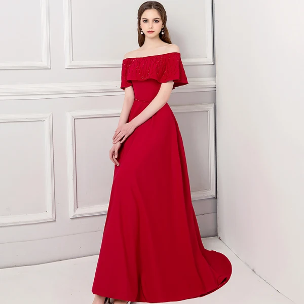 Modern / Fashion Burgundy Evening Dresses 2018 A-Line / Princess Off-The-Shoulder Short Sleeve Beading Sash Sweep Train Ruffle Backless Formal Dresses
