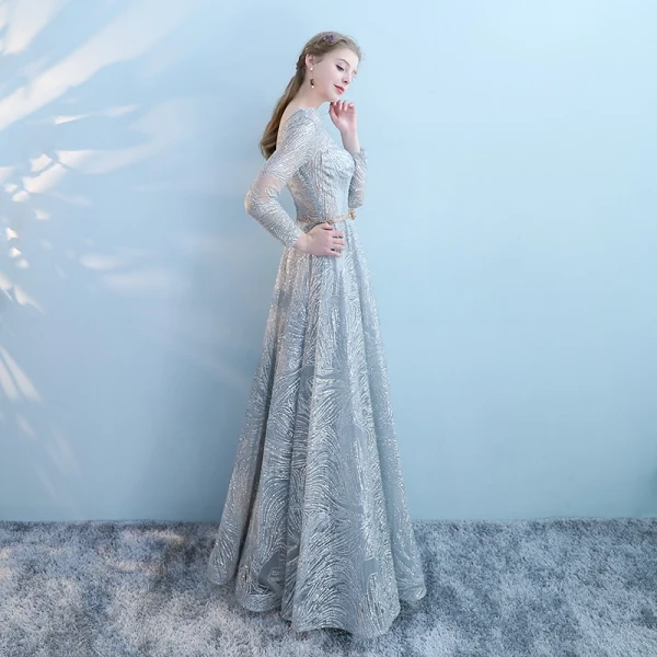 Sparkly Grey Pierced Evening Dresses 2018 Empire Scoop Neck Long Sleeve Metal Sash Glitter Tulle Floor-Length / Long Ruffle Backless Formal Dresses