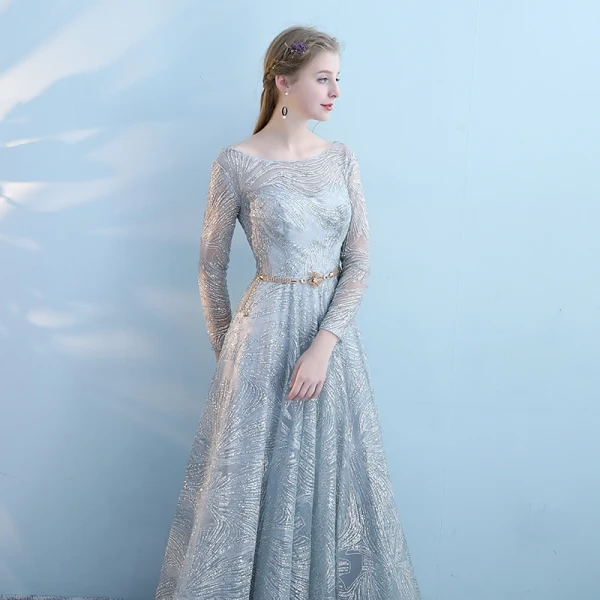 Sparkly Grey Pierced Evening Dresses 2018 Empire Scoop Neck Long Sleeve Metal Sash Glitter Tulle Floor-Length / Long Ruffle Backless Formal Dresses