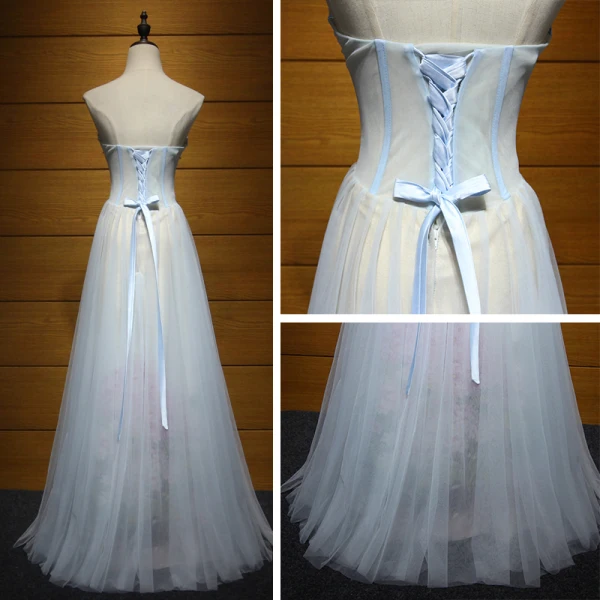 Mote Formelle Kjoler 2017 Selskapskjoler Himmelen Blå Prinsesse Lange Gripende Ruffles Kjæreste Ryggløse Uten Ermer Paljetter Beading Appliques Blomst Blad