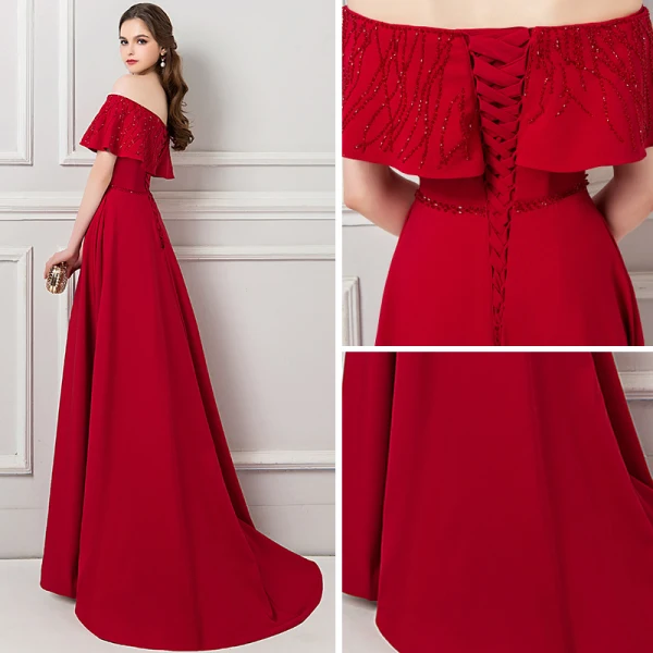 Modern / Fashion Burgundy Evening Dresses 2018 A-Line / Princess Off-The-Shoulder Short Sleeve Beading Sash Sweep Train Ruffle Backless Formal Dresses