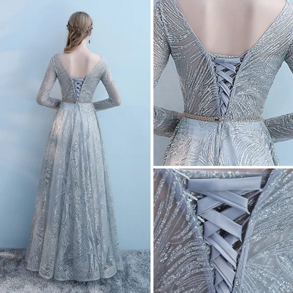 Sparkly Grey Pierced Evening Dresses 2018 Empire Scoop Neck Long Sleeve Metal Sash Glitter Tulle Floor-Length / Long Ruffle Backless Formal Dresses