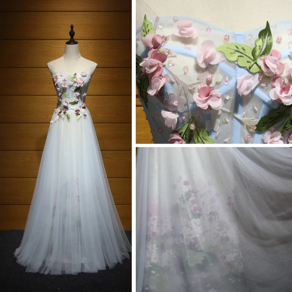 Mote Formelle Kjoler 2017 Selskapskjoler Himmelen Blå Prinsesse Lange Gripende Ruffles Kjæreste Ryggløse Uten Ermer Paljetter Beading Appliques Blomst Blad