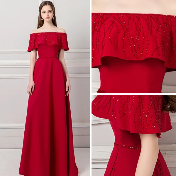 Modern / Fashion Burgundy Evening Dresses 2018 A-Line / Princess Off-The-Shoulder Short Sleeve Beading Sash Sweep Train Ruffle Backless Formal Dresses