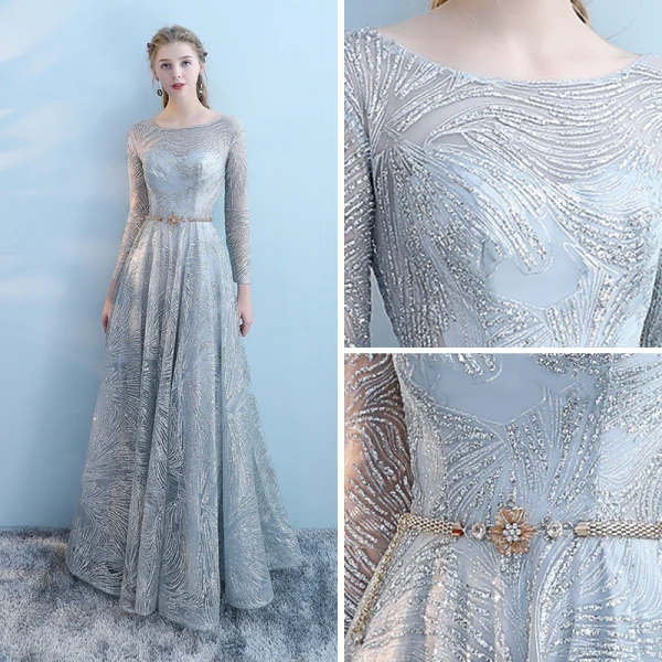 Sparkly Grey Pierced Evening Dresses 2018 Empire Scoop Neck Long Sleeve Metal Sash Glitter Tulle Floor-Length / Long Ruffle Backless Formal Dresses