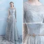 Sparkly Grey Pierced Evening Dresses  2018 Empire Scoop Neck Long Sleeve Metal Sash Glitter Tulle Floor-Length / Long Ruffle Backless Formal Dresses