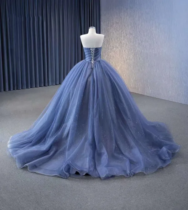 High End Meeresblau Fallende Rüsche Applikationen Glanz Pailletten Ballkleider 2023 Ballkleid Bandeau Ärmellos Rückenfreies Hof-Schleppe Ball Festliche Kleider