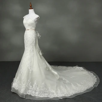 Chic Belle Trompette Sirène Robe De Mariée 2017 V Cou Appliques Perlage Faux Diamant Noeud Ceinture Dos Nu Dentelle Organza Ivoire Chapel Train