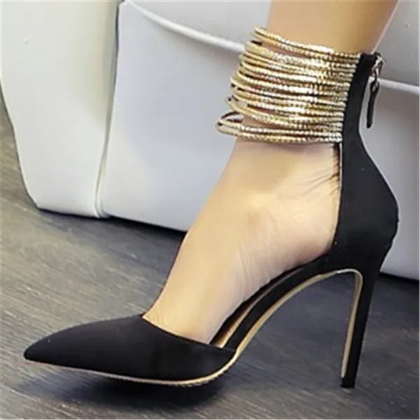 Mode Abend Leder Schwarz Damenschuhe 2020 Wildleder Gold Knöchelriemen 10 cm Stilettos Spitzschuh Pumps