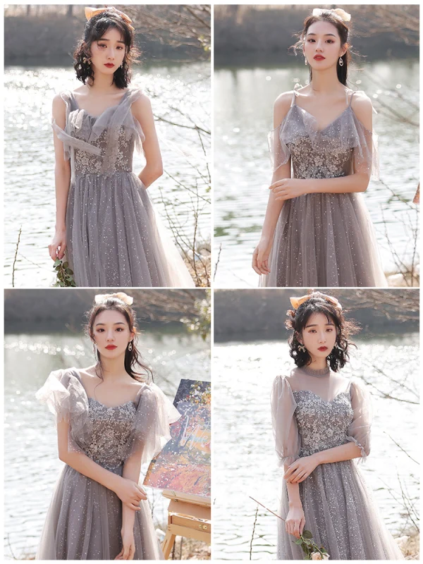Fashion Grey Bridesmaid Dresses 2021 A-Line / Princess Scoop Neck Beading Rhinestone Sequins Lace Flower Short Sleeve Backless Floor-Length / Long Bridesmaid Wedding Party Dresses