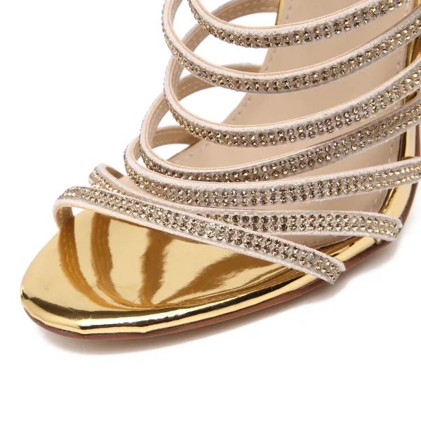Sexy Gold Evening Party Womens Sandals 2020 Rhinestone 11 cm Stiletto Heels Open / Peep Toe Sandals
