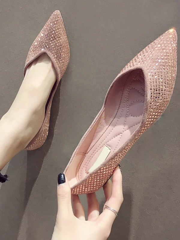Prisvärd Nude Casual Rhinestone Platt Damskor 2020 Spetsiga