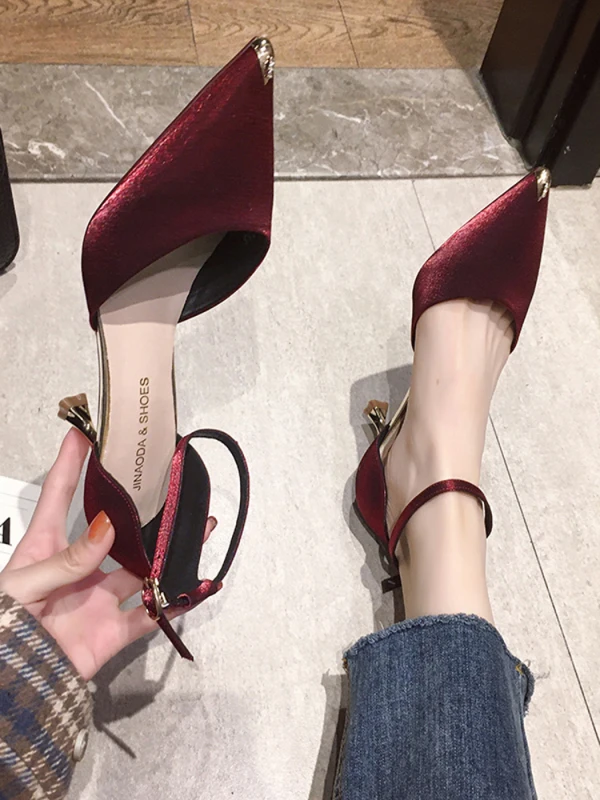 Simple Noire Désinvolte Daim Chaussures Femmes 2020 Bride Cheville 6 cm Talons Aiguilles À Bout Pointu Talons