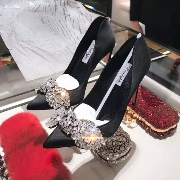 Charming Red Evening Party Satin Pumps 2020 Leather Rhinestone Bow 10 cm Stiletto Heels Pointed Toe Pumps
