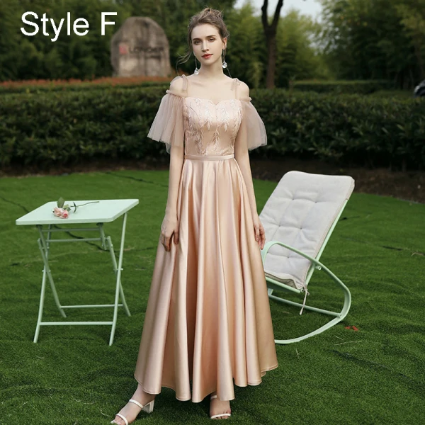 Modest / Simple Champagne Satin Embroidered Bridesmaid Dresses 2021 A-Line / Princess Scoop Neck 1/2 Sleeves Backless Floor-Length / Long Wedding Party Dresses