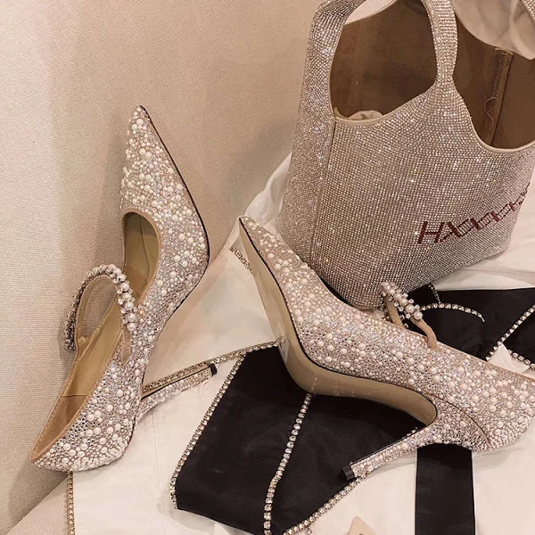 Sparkly Sølv Paljetter Brudesko 2020 Lær Perle 9 cm Stiletthæler Spisse Bryllup Pumps