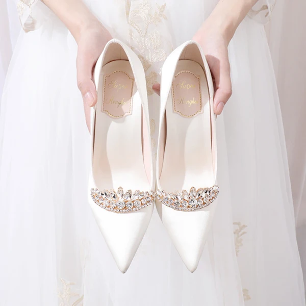 Classy Ivory Satin Rhinestone Wedding Shoes 2020 10 cm Stiletto Heels Pointed Toe Wedding Pumps