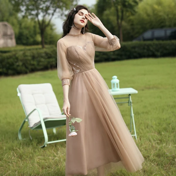 Modest Simple Champagne Bridesmaid Dresses 2021 A-Line Princess Scoop Neck Short Sleeve Modest Simple Champagne Bridesmaid Dresses 2021 A-Line Princess Scoop Neck Short Sleeve