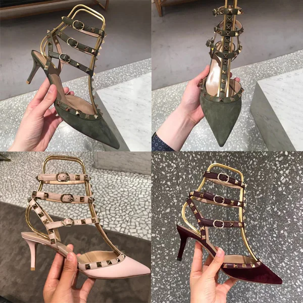 Sexy Black Street Wear Leather Womens Sandals 2020 Rivet 6 cm Stiletto Heels Pointed Toe Sandals