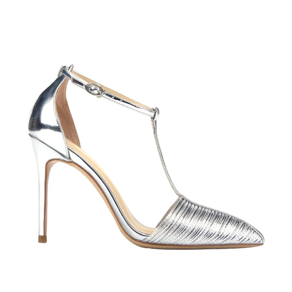 Chic / Beautiful Silver Evening Party Leather Womens Shoes 2020 Patent Leather T-Strap 10 cm Stiletto Heels Pointed Toe Heels