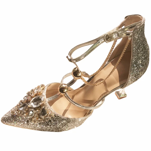 Scintillantes Charmant Argenté Cristal Chaussure De Mariée 2020 T-Strap Paillettes 8 cm Talons Aiguilles À Bout Pointu Mariage Escarpins