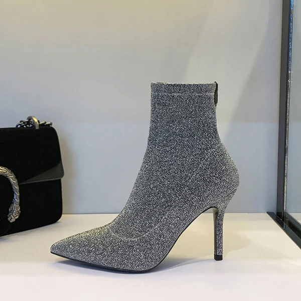 Charming Black Casual Glitter Womens Boots 2020 9 cm Stiletto Heels Pointed Toe Boots