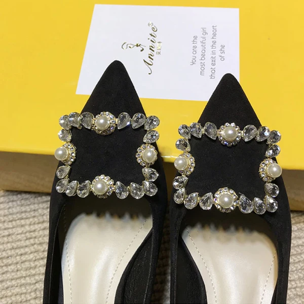 Chic / Beautiful Black Casual Suede Pumps 2020 Rhinestone 5 cm Stiletto Heels Pointed Toe Pumps