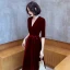 Elegant Burgundy Suede Evening Dresses  2021 A-Line / Princess V-Neck Bow 1/2 Sleeves Floor-Length / Long Evening Party Formal Dresses