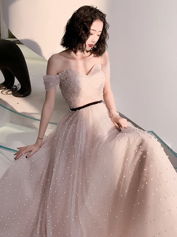 Charming Blushing Pink Pearl Prom Dresses 2021 A-Line / Princess Square Neckline Short Sleeve Backless Floor-Length / Long Formal Dresses