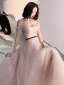 Charming Blushing Pink Pearl Prom Dresses 2021 A-Line / Princess Square Neckline Short Sleeve Backless Floor-Length / Long Formal Dresses