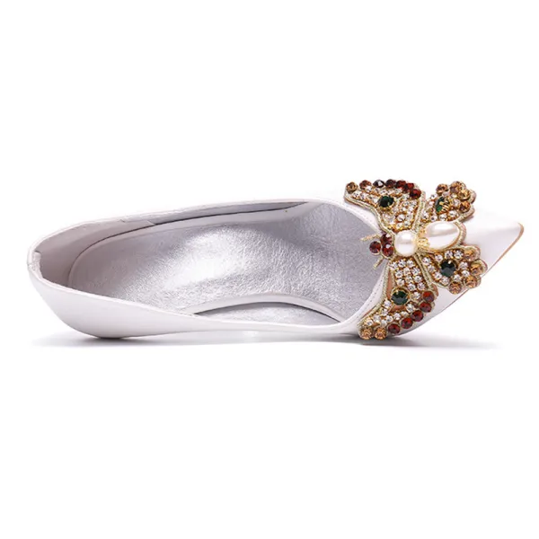 Schöne Ivory / Creme Cocktail Pumps 2020 Perle Strass Schmetterling 9 cm Stilettos Spitzschuh Pumps