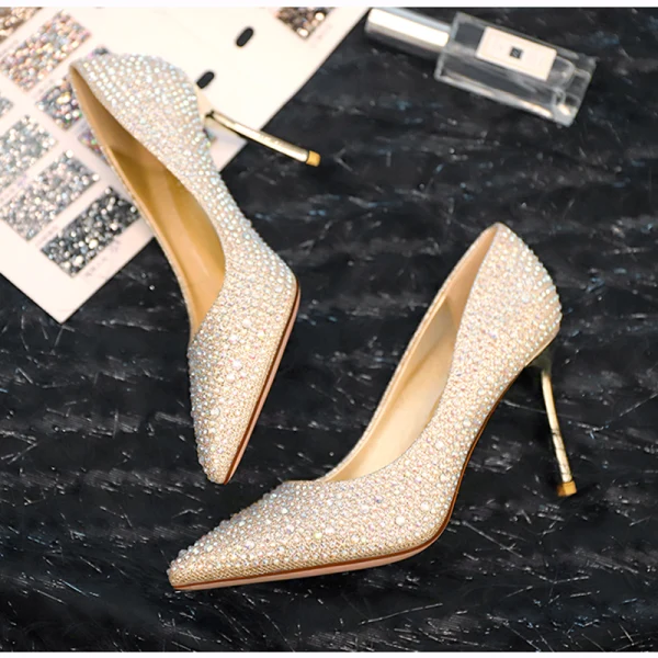 Scintillantes Doré Cristal Chaussure De Mariée 2020 Cuir Faux Diamant 8 cm Talons Aiguilles À Bout Pointu Mariage Escarpins