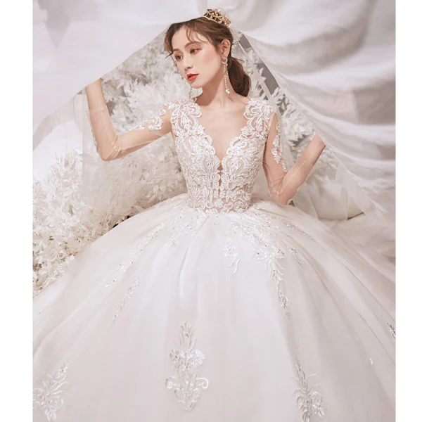 Luxury / Gorgeous Ivory Wedding Dresses 2020 Ball Gown Scoop Neck Beading Lace Flower Long Sleeve Backless Cathedral Train