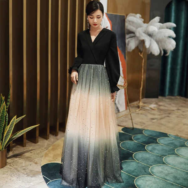 Mode Noire Robe De Soirée 2020 Princesse V-Cou Étoile Paillettes Faux Diamant Manches Longues Longue Robe De Ceremonie