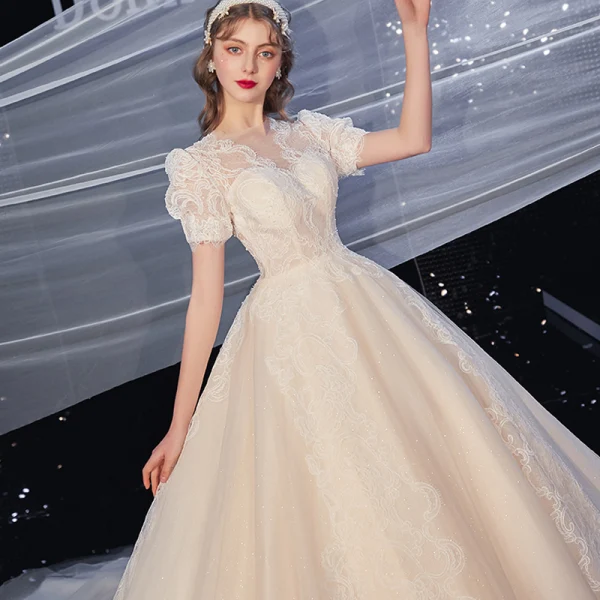 High-end Ivory Lace Flower Wedding Dresses 2020 Ball Gown Scoop Neck Beading Pearl Short Sleeve Covered Button Cathedral Train