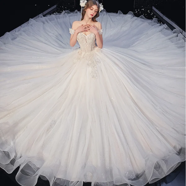 Luxury / Gorgeous Ivory Wedding Dresses 2020 Ball Gown Off-The-Shoulder Beading Rhinestone Sequins Short Sleeve Backless Royal Train