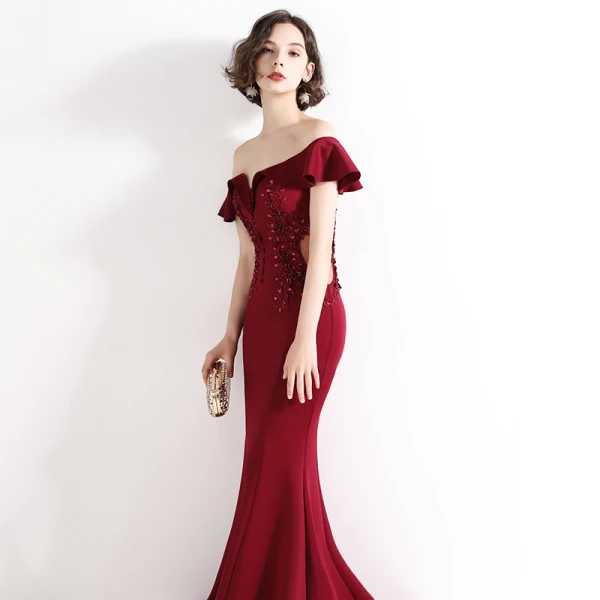 Chic / Beautiful Burgundy Evening Dresses 2020 Trumpet / Mermaid Off-The-Shoulder Beading Lace Flower Short Sleeve Backless Floor-Length / Long Formal Dresses